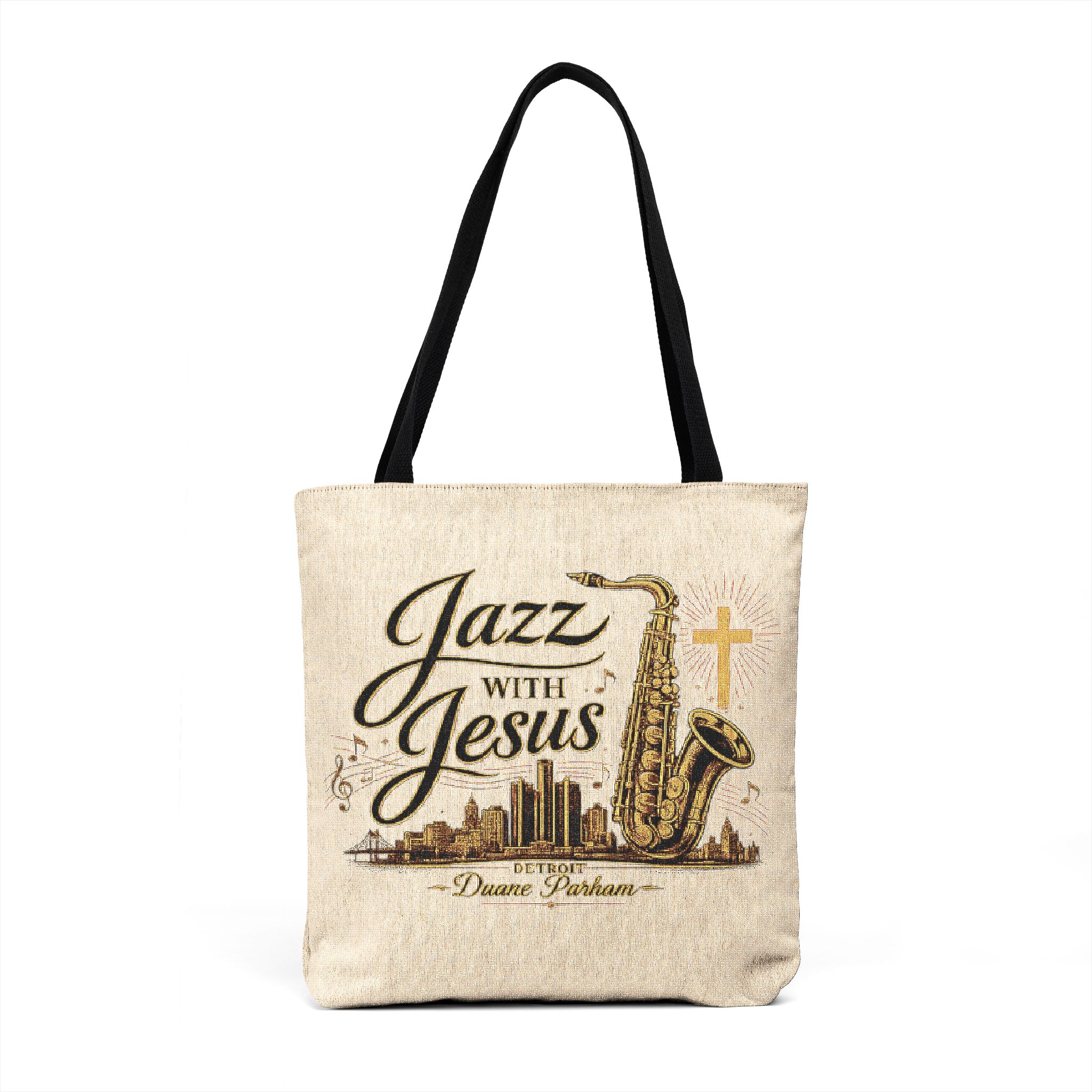 “Jazz for Jesus” Cross & City Skyline Woven Tote - Image 3