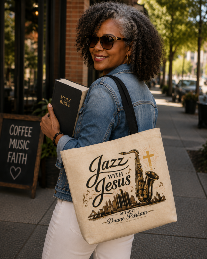 “Jazz for Jesus” Cross & City Skyline Woven Tote
